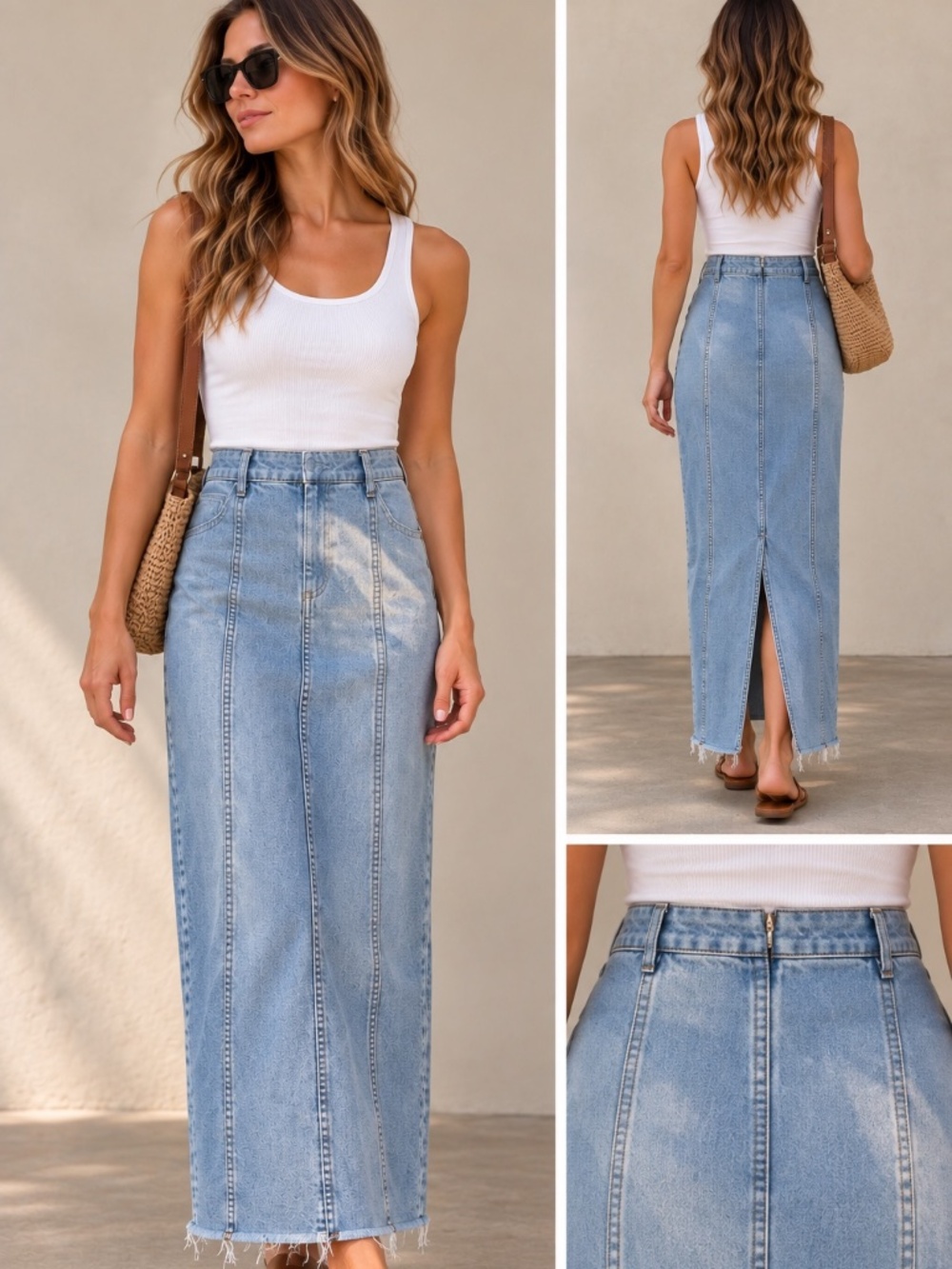 Zara Light Wash Denim Maxi Jean Skirt Back Slit Size Small NWT
